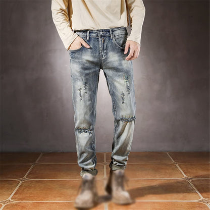 Slim Fit Distressed Patchwork Jeans