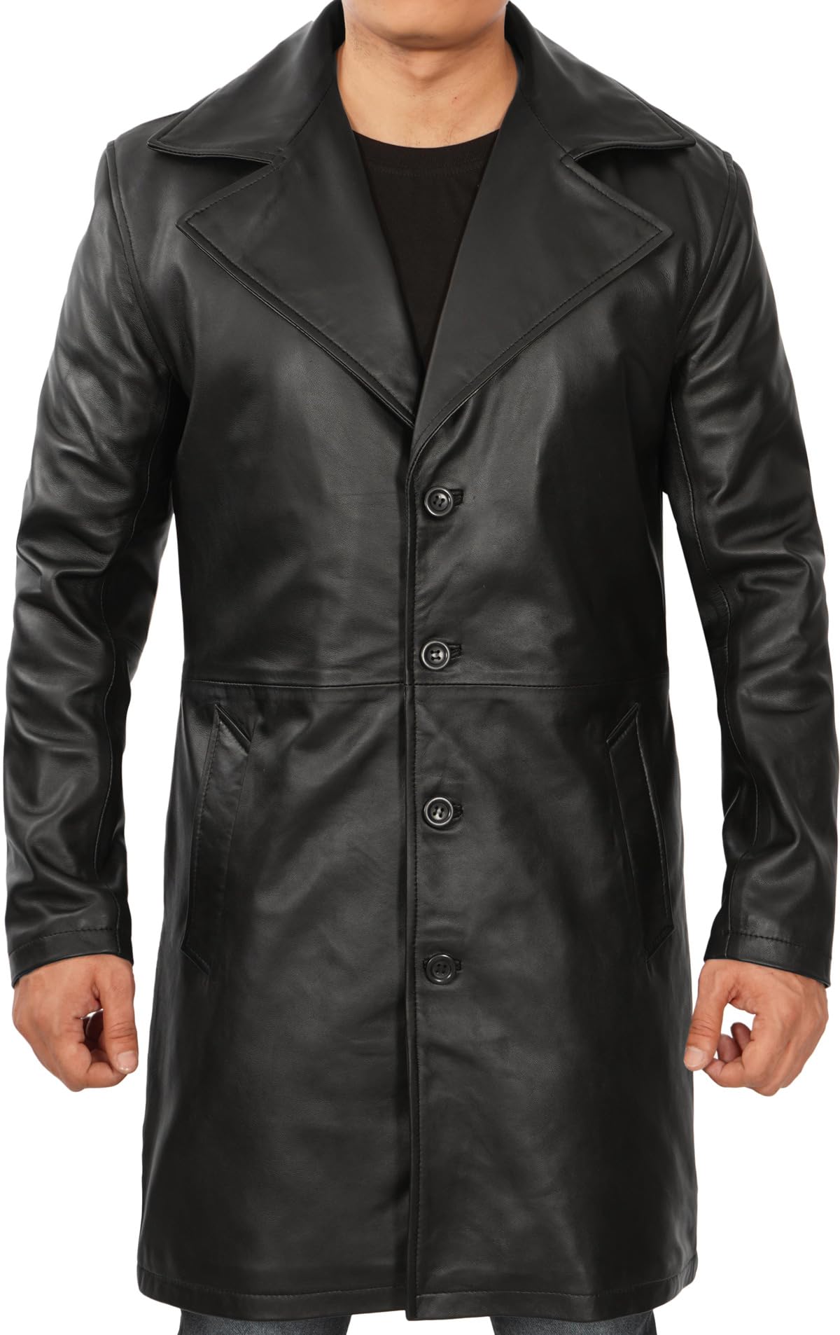 Leather Car Coat with Lapel Collar
