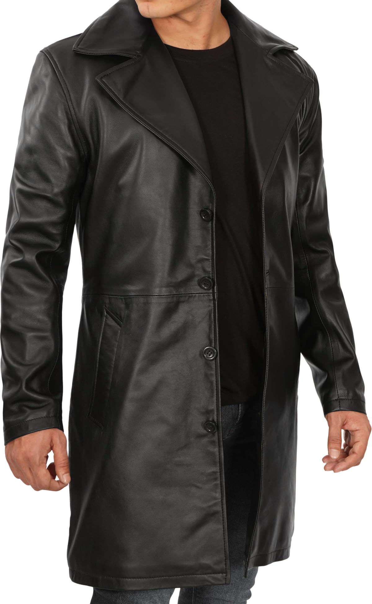 Leather Car Coat with Lapel Collar