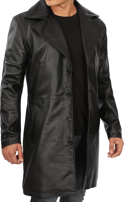 Leather Car Coat with Lapel Collar