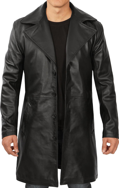Leather Car Coat with Lapel Collar