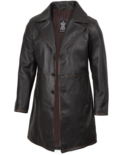 Leather Car Coat with Lapel Collar